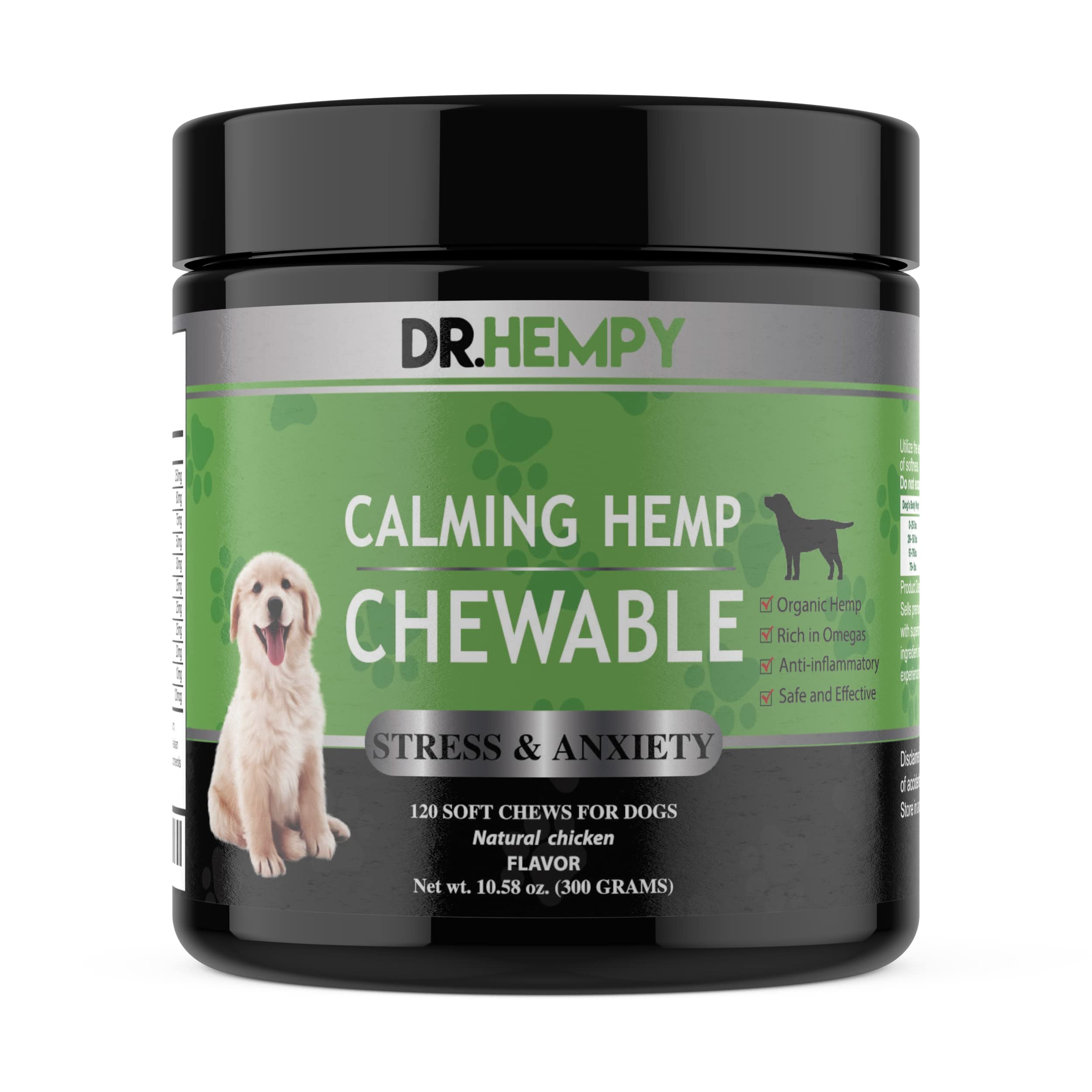 DR.HEMPY Hemp,Dog Calming Chews,Dog Anxiety Relief, Pet Hemp Soft Chews for Thunderstorms, Firework Relief,Separation, Stress, Car Rides, Dog Calming Treats and Hemp Oil, 120 Chews