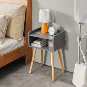 IBUYKE Nightstand, Mid-Century Modern Bedside Table with Solid Wood Legs, Minimalist and Practical End Side Table with Open Storage Shelf, for Living Room/Bedroom/Office, Grey UWNS003G