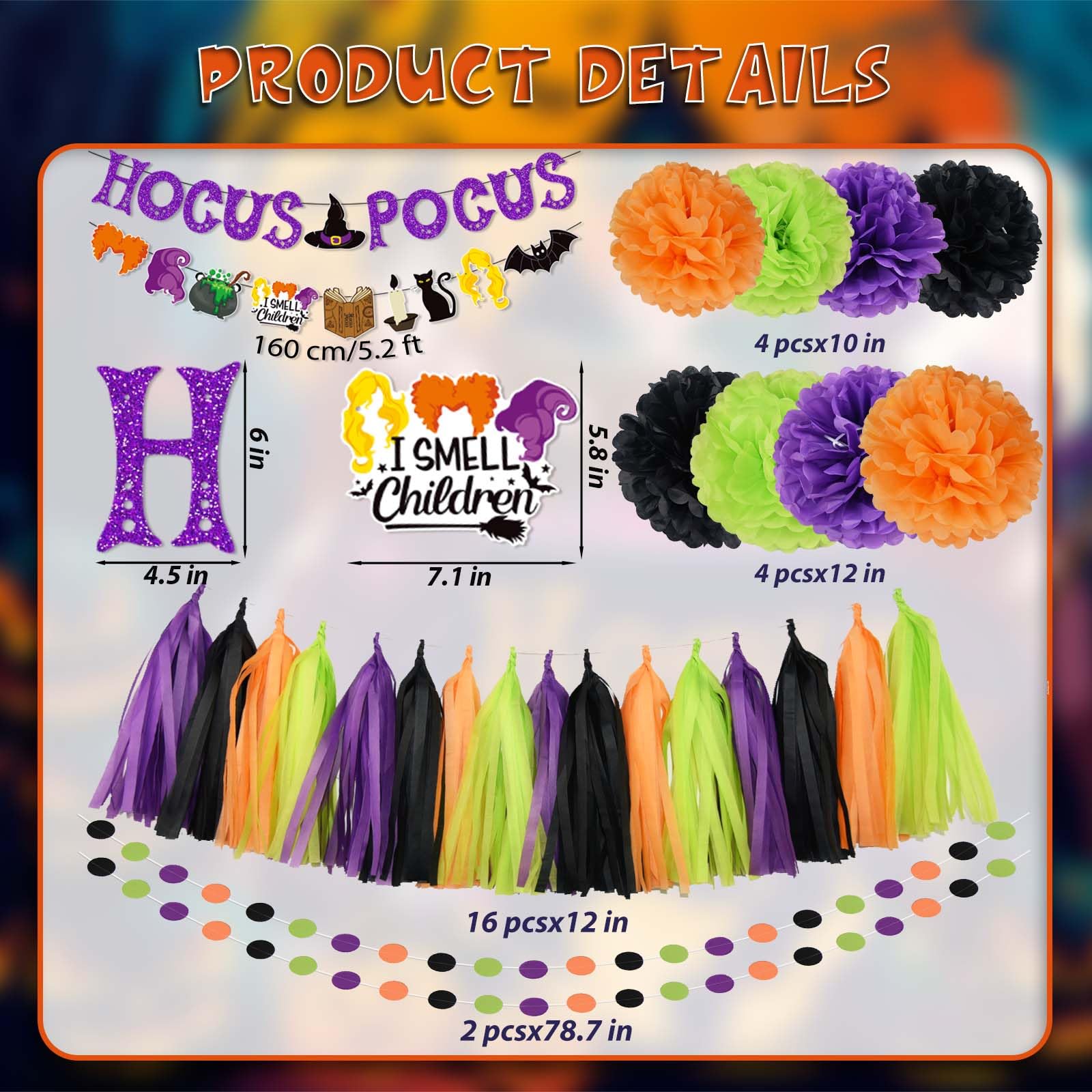 Halloween Party Decorations - Hocus Pocus Themed Trunk Or Treat Car Decorations Kit for SUV Hocus Pocus Spell Book Cat Witches Stisters Banner Orange Black Purple Green Tissue Paper Pom Pom