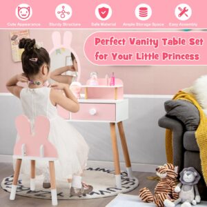 GLACER Kids Vanity Table and Chair Set, Vanity Set with Chair, Removable Mirror, 2 Large Drawers, Storage Shelf and Beech Wood Legs for Girls, Makeup Dressing Table and Chair for Toddlers, Pink