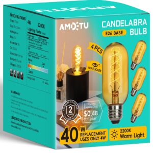 AMDTU Vintage LED Edison Bulb Super Thin Spiral Filament Non-dimmable, 25 Watt Tubular Incandescent Light Bulb Replacement Soft Warm 2200K, T45 Amber Glass Retro LED Bulb 4W, E26 Base 120V 4 Pack