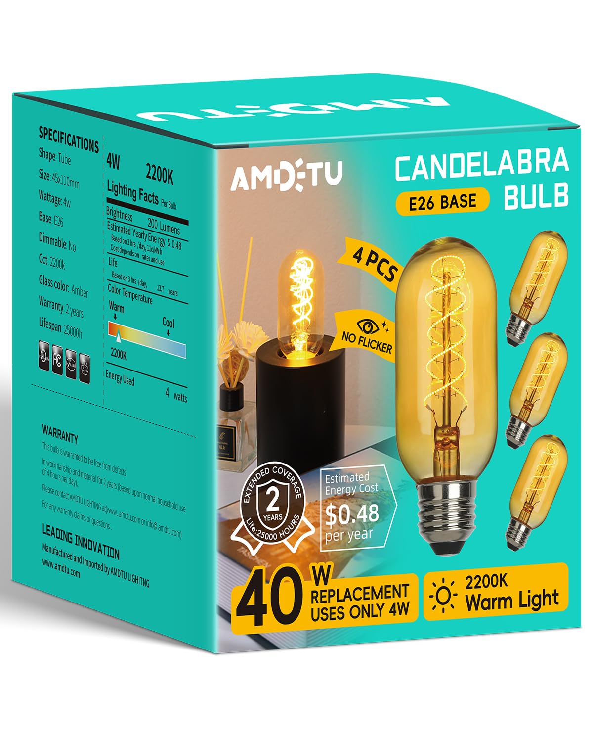 AMDTU Vintage LED Edison Bulb Super Thin Spiral Filament Non-dimmable, 25 Watt Tubular Incandescent Light Bulb Replacement Soft Warm 2200K, T45 Amber Glass Retro LED Bulb 4W, E26 Base 120V 4 Pack