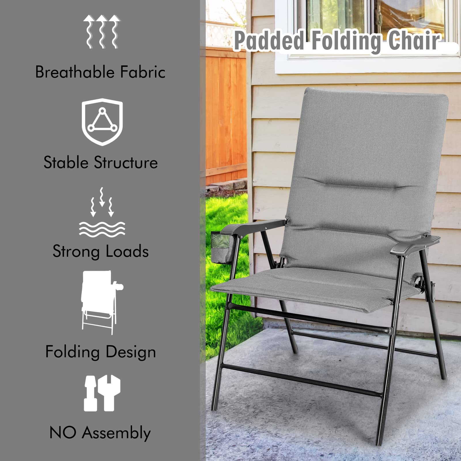 Tangkula Patio Chairs Folding Set of 2, No Assembly High Back Cushioned Heavy Duty Steel Frame Outdoor Chair with Cup Holder, Supports up to 330lbs, for Camping, Lawn, Garden, Yard, Picnic (Grey)