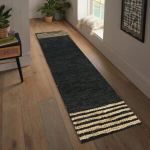 GRUHUM Jute Runner Rug 2'6"x 8' ft Natural Fibre Black Rectangular Jute Area Rug Leather Handwoven Boho Farmhouse Braided Rustic Vintage Eco Friendly Rug Kitchen Livingroom Bedroom Hallways Enterways