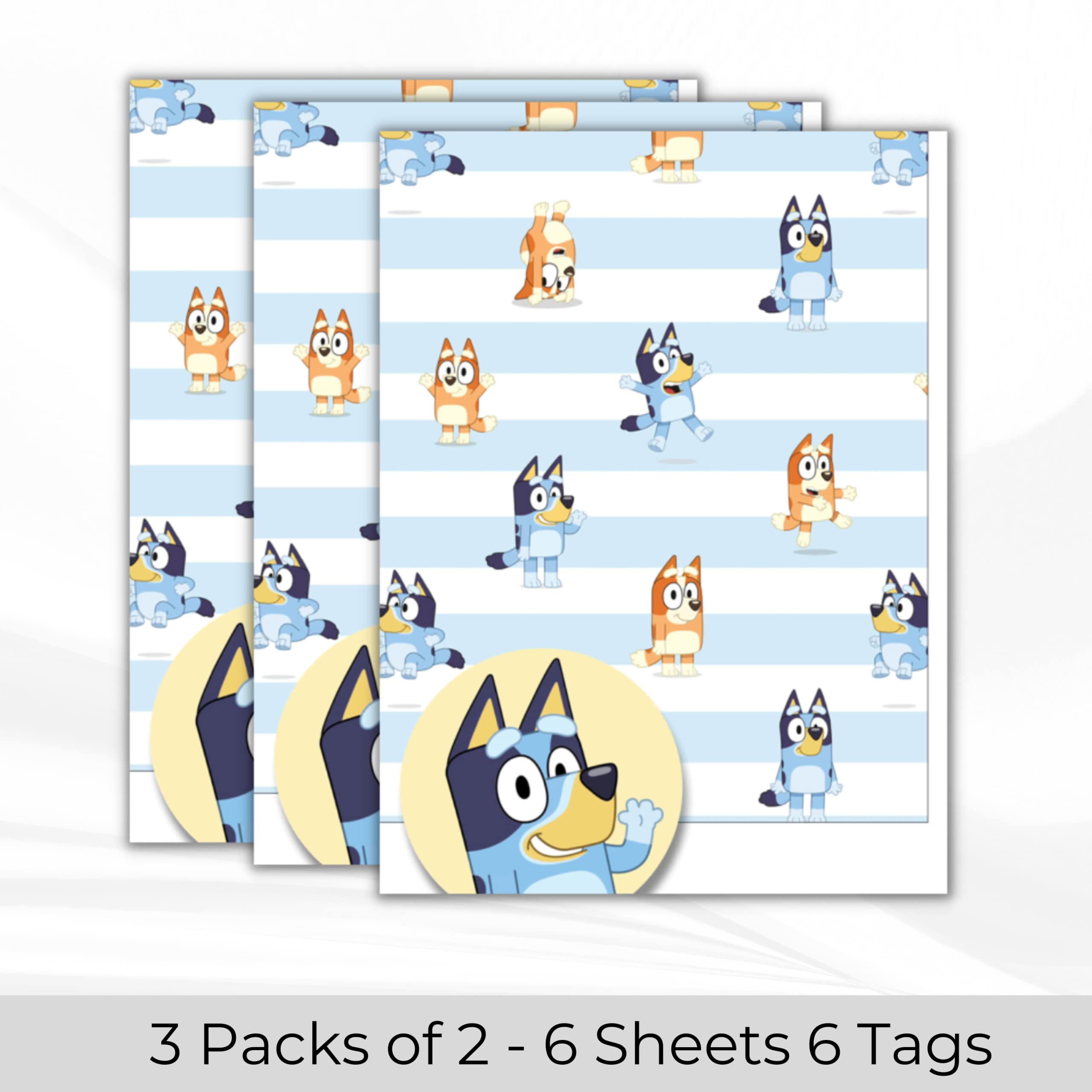 Danilo Promotions LTD Bluey 3 Pack of Wrapping Paper, 6 Sheets 6 Tags Bluey Wrapping Paper