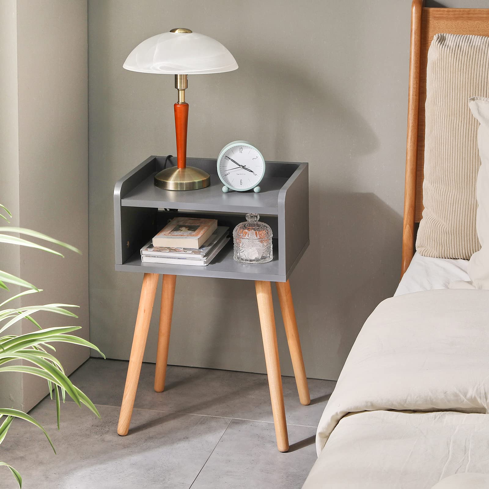 IBUYKE Nightstand, Mid-Century Modern Bedside Table with Solid Wood Legs, Minimalist and Practical End Side Table with Open Storage Shelf, for Living Room/Bedroom/Office, Grey UWNS003G