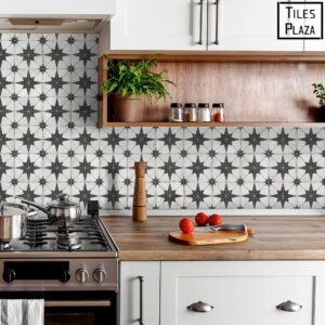 Peel and Stick Encaustic Backsplash Tile. Black Star Patterned Stick on Tile. Self-Adhesive Wall Tile Sticker for Kitchen Bathroom Fireplace Stairs. 10 Sheets