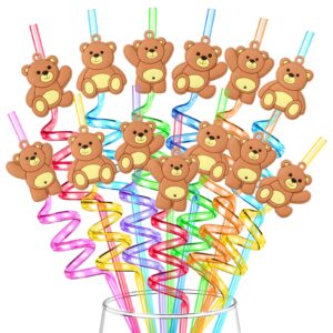 24 pieces bear party favor bear party straws reusable bear straws kids bear drinking straw for bear baby shower birthday party supplies with 2 cleaning brushes