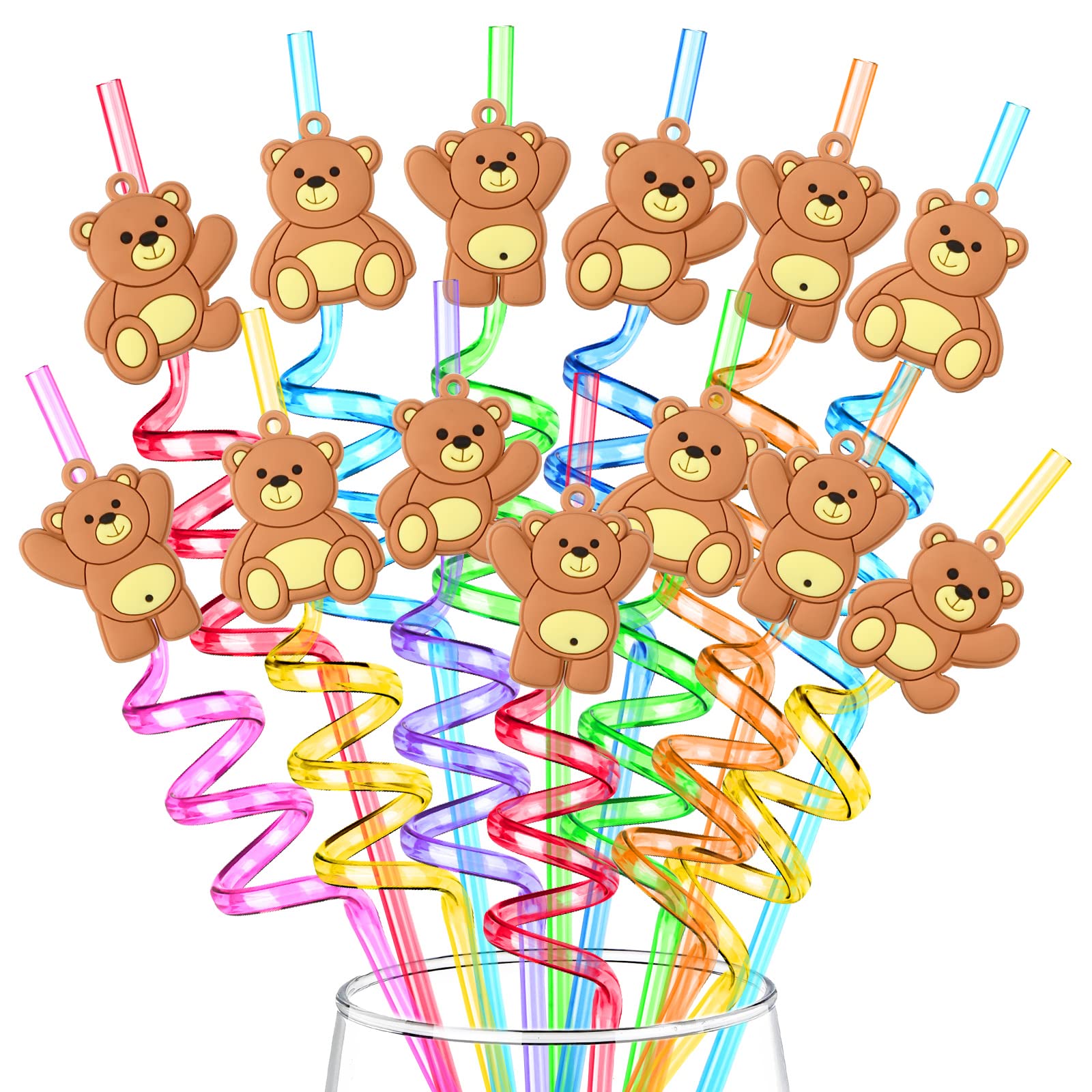 24 Pieces Bear Party Favor Bear Party Straws Reusable Bear Straws Kids Bear Drinking Straw for Bear Baby Shower Birthday Party Supplies with 2 Cleaning Brushes