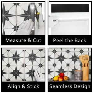 Peel and Stick Encaustic Backsplash Tile. Black Star Patterned Stick on Tile. Self-Adhesive Wall Tile Sticker for Kitchen Bathroom Fireplace Stairs. 10 Sheets