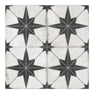 peel and stick encaustic backsplash tile. black star patterned stick on tile. self-adhesive wall tile sticker for kitchen bathroom fireplace stairs. 10 sheets