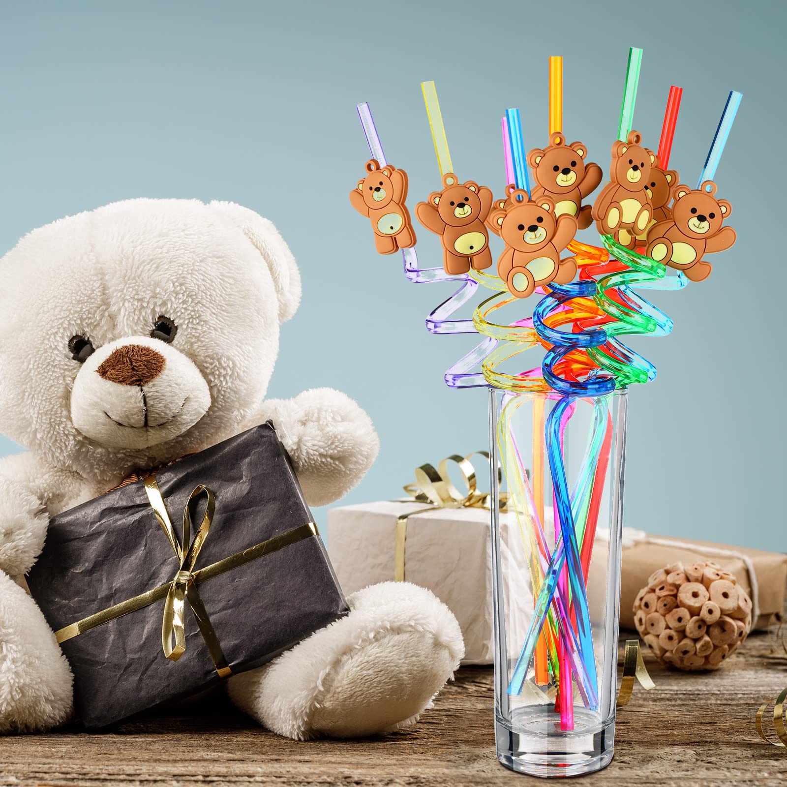 24 Pieces Bear Party Favor Bear Party Straws Reusable Bear Straws Kids Bear Drinking Straw for Bear Baby Shower Birthday Party Supplies with 2 Cleaning Brushes