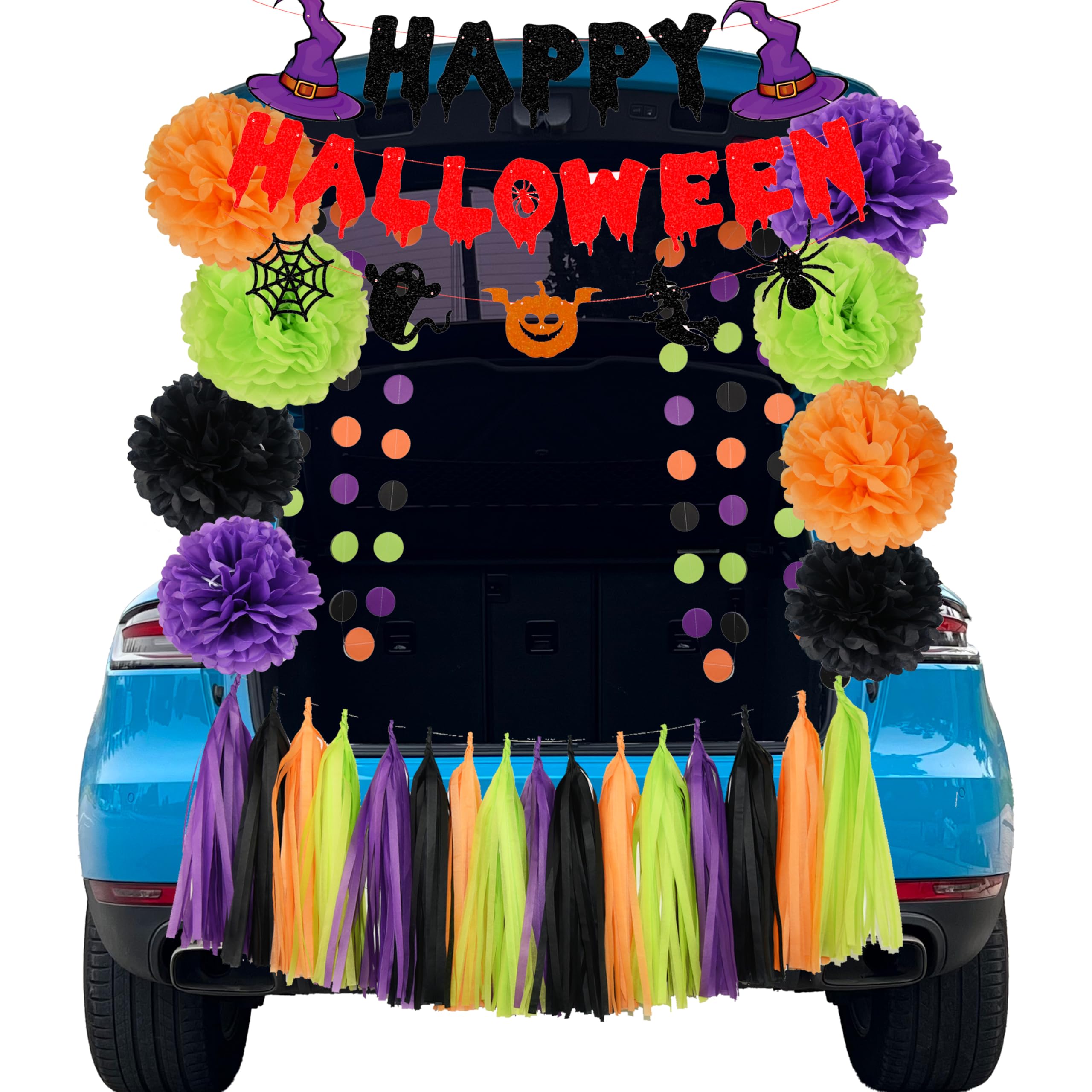 Halloween Party Decorations - Trunk Or Treat Car Decorations Kit for SUV Happy Halooween Banner Orange Black Purple Green Tissue Paper Pom Pom for Hocus Pocus Party Supplies