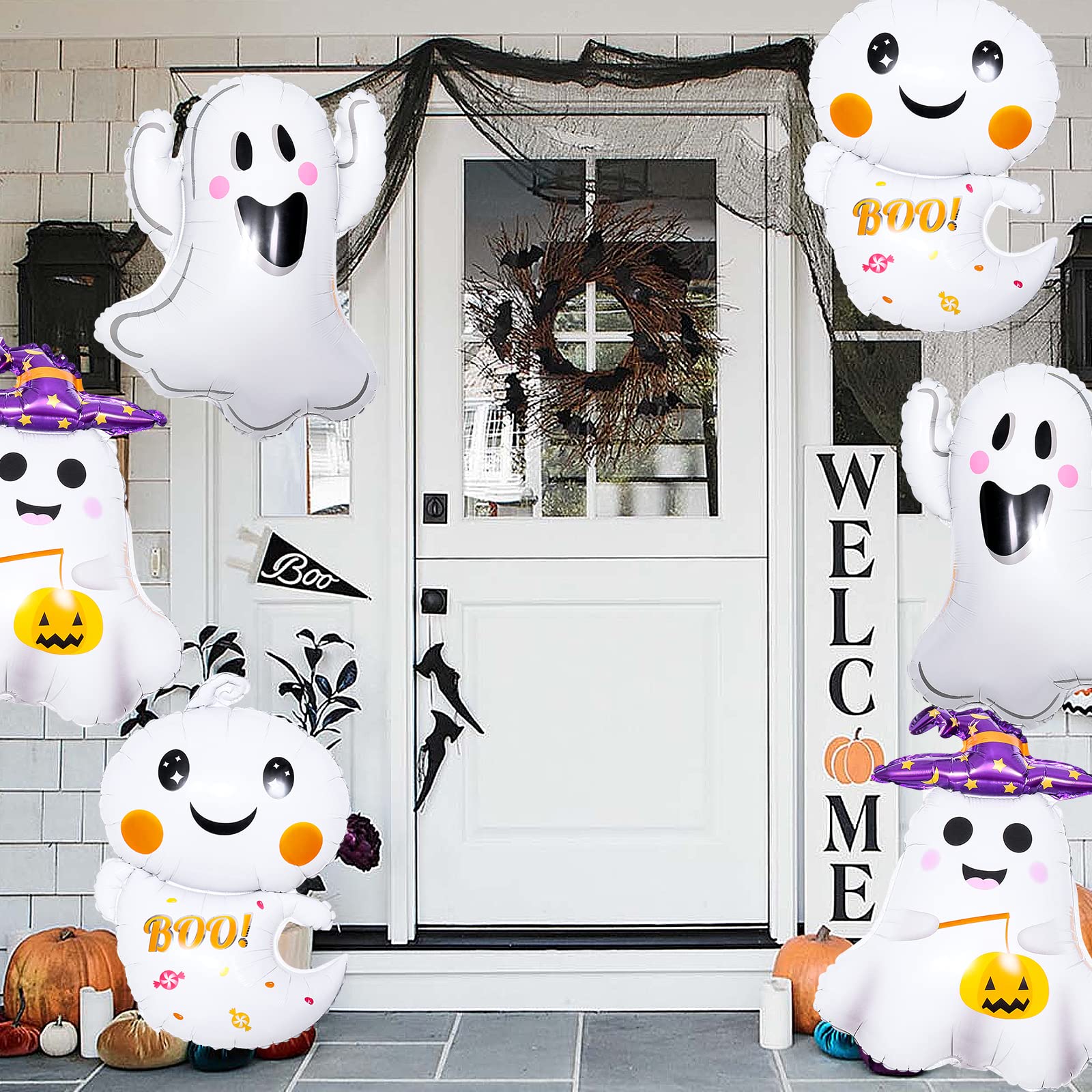 6Pcs Ghost Halloween Balloons Decorations， Giant Spooky Foil Mylar Balloons for Halloween Spooky Themed Birthday Baby Shower Wedding Party Decor Supplies