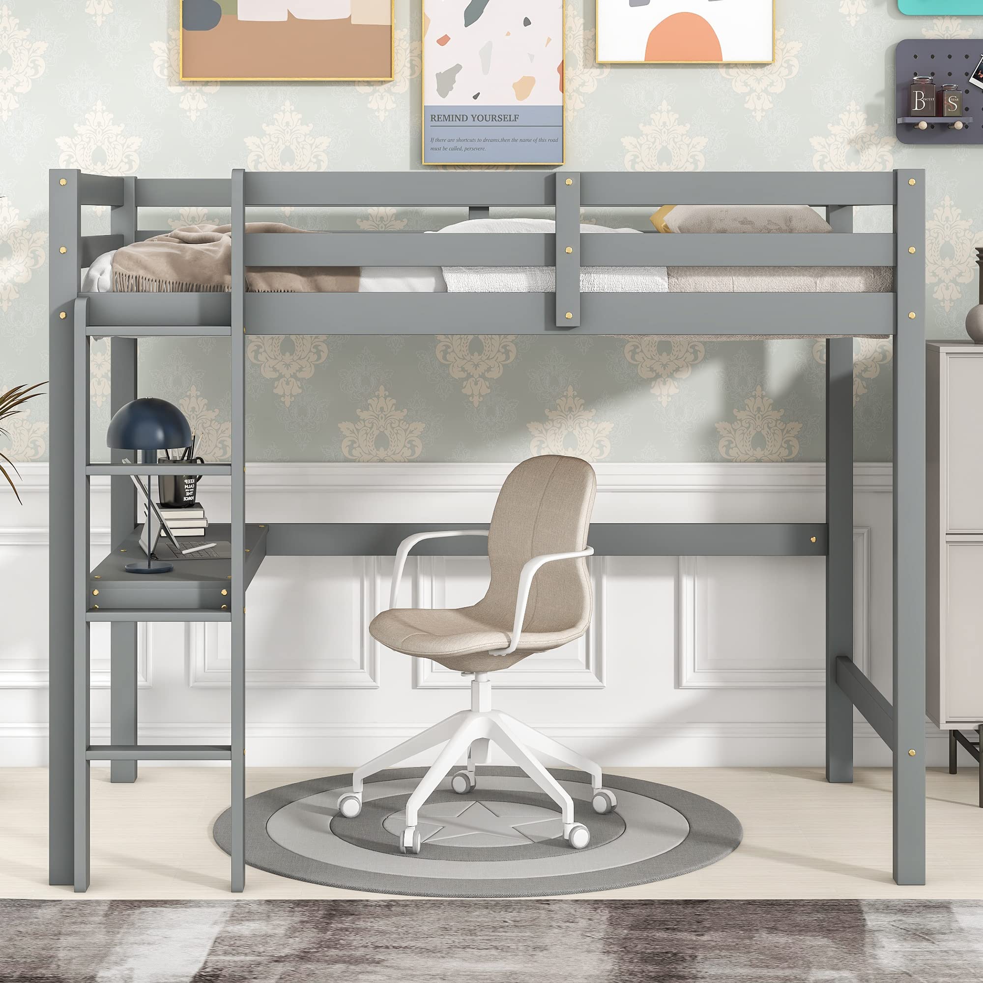 Harper & Bright Designs Twin Loft Bed, Twin Size Loft Bed with Desk Underneath,Wood Loft Bed Twin for Kids Teens Girls Boys, No Box Spring Needed,Grey