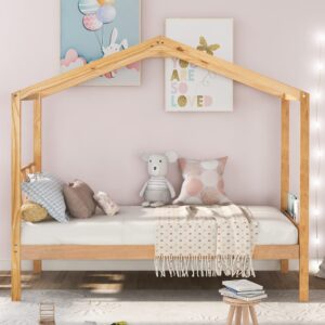 Harper & Bright Designs Twin Size House Bed for Kids, Twin Bed Frame with Headboard and Storage Space, Wooden Twin Bed for Girls, Boys,No Box Spring Needed,Natural