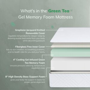 EGO White 12 inch King Memory Foam Mattress, Gel Green Tea Mattress Bed in a Box, Made in USA, CertiPUR-US Certified, 76"x80", Medium Firm