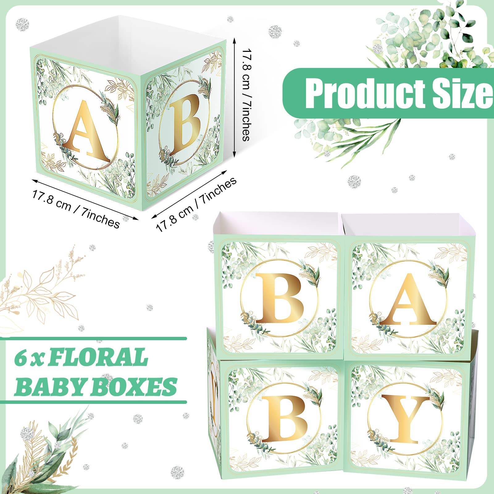 Bucherry 6 Pcs Baby Shower Party Decorations Baby Flower Boxes Centerpiece Rustic Table Display with Letters Gender Reveal Party Favor Block Holder(Green,Sage Green Leaf)