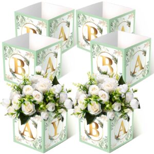 bucherry 6 pcs baby shower party decorations baby flower boxes centerpiece rustic table display with letters gender reveal party favor block holder(green,sage green leaf)