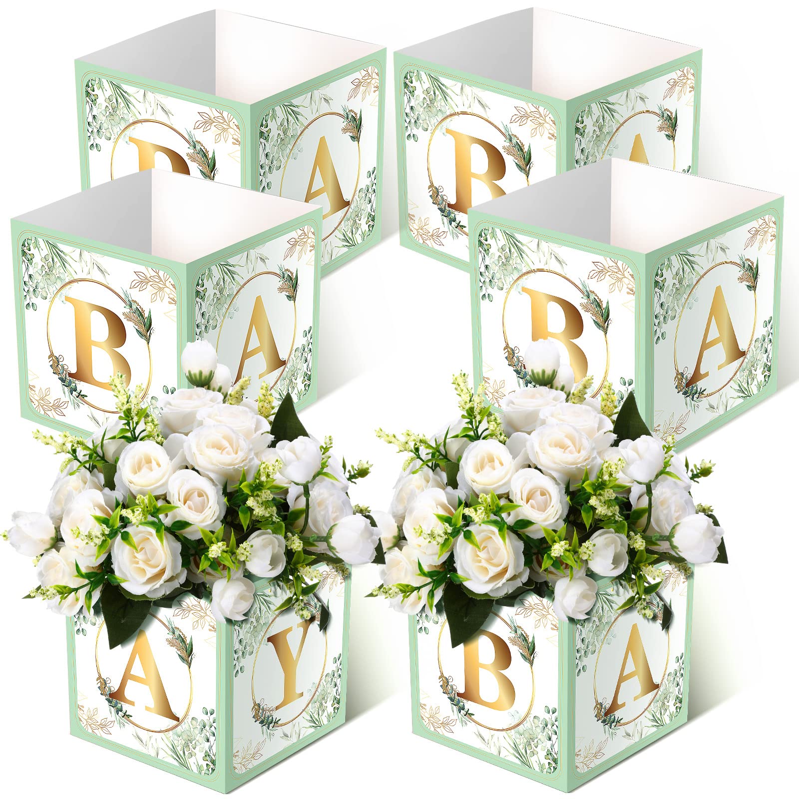 Bucherry 6 Pcs Baby Shower Party Decorations Baby Flower Boxes Centerpiece Rustic Table Display with Letters Gender Reveal Party Favor Block Holder(Green,Sage Green Leaf)