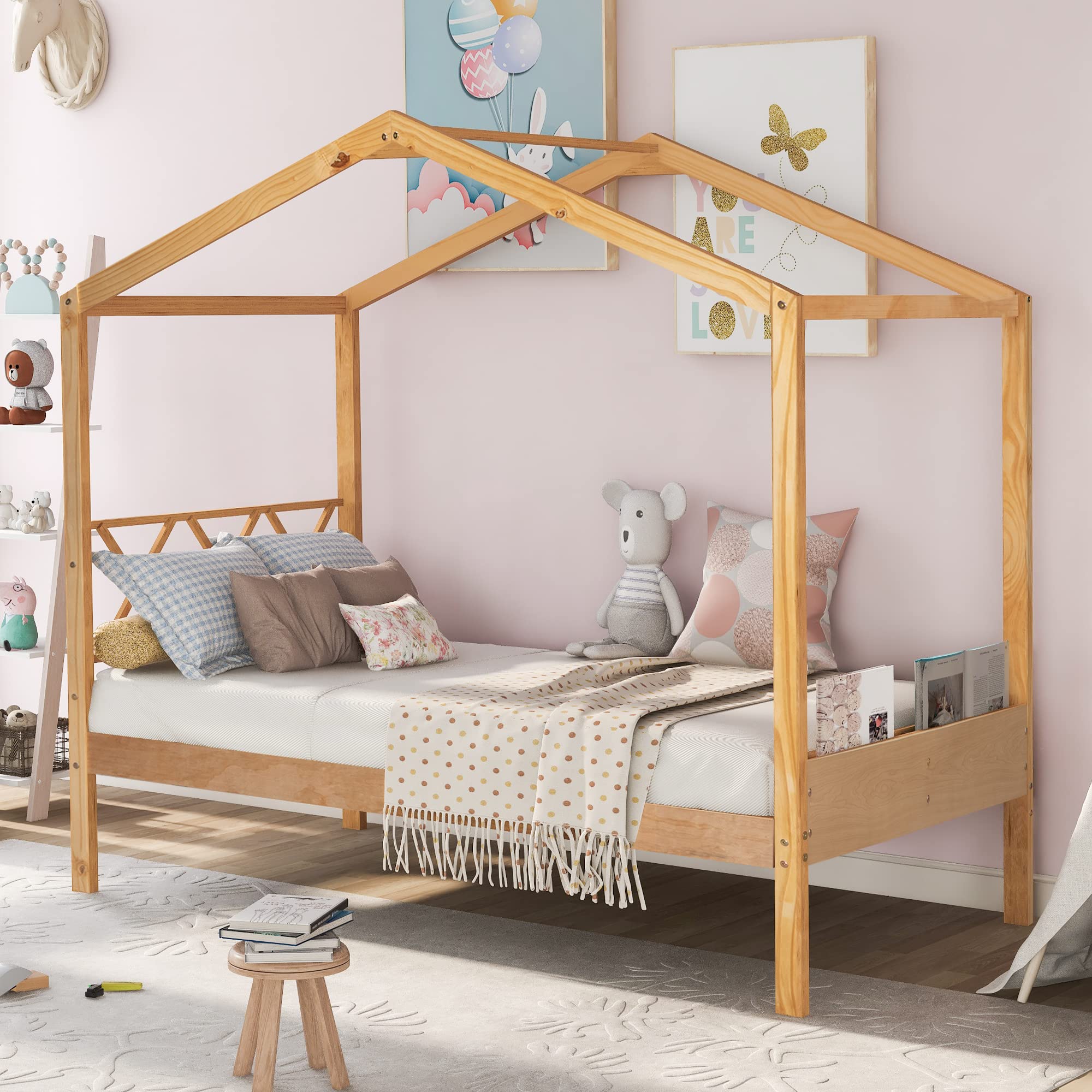 Harper & Bright Designs Twin Size House Bed for Kids, Twin Bed Frame with Headboard and Storage Space, Wooden Twin Bed for Girls, Boys,No Box Spring Needed,Natural