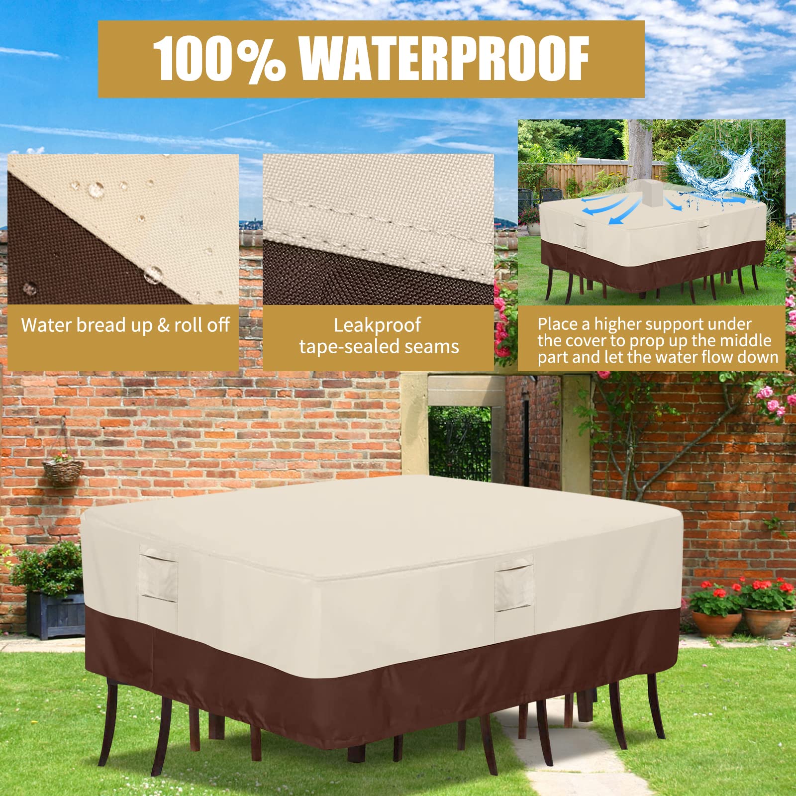 Simpelg Patio Furniture Covers Waterproof Outdoor Covers For Patio Furniture 600D Heavy Duty Oxford Uv Resistant Anti-Fading Rectangular Patio Furniture Covers 90"L x 64"W x 28"H (Beige & Brown)