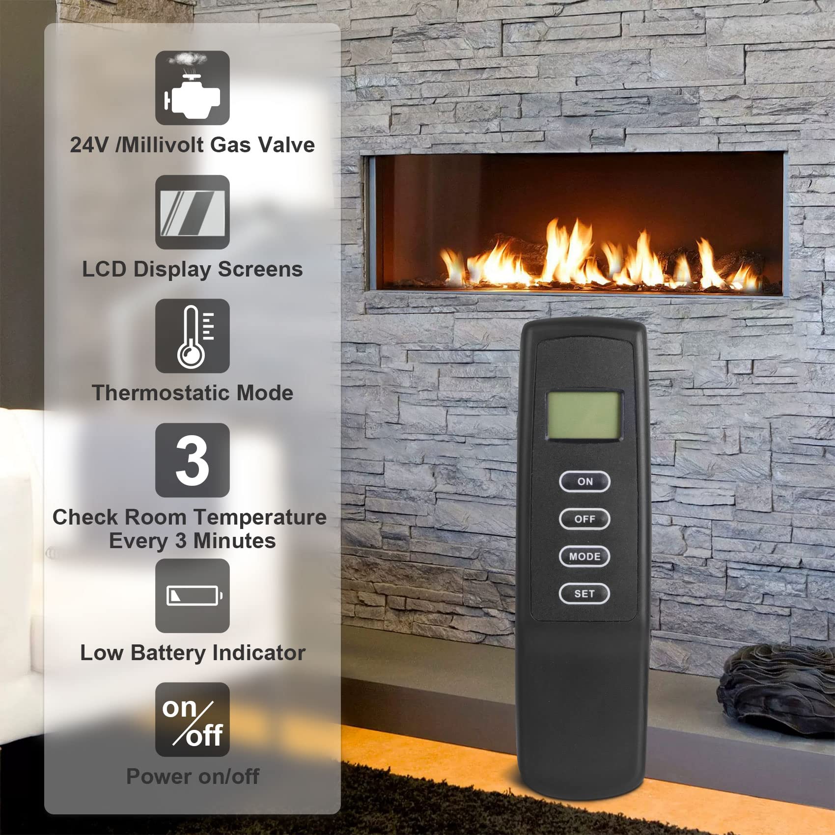 Upgrade Fireplace Remote Control Thermostat Kit fit for skytech ambient majestic monessen vermont ect Millivolt Gas Valve Fireplaces and Stoves,Blue Backlight Buzzer,3 Year Warranty WITHOUT BATTERY