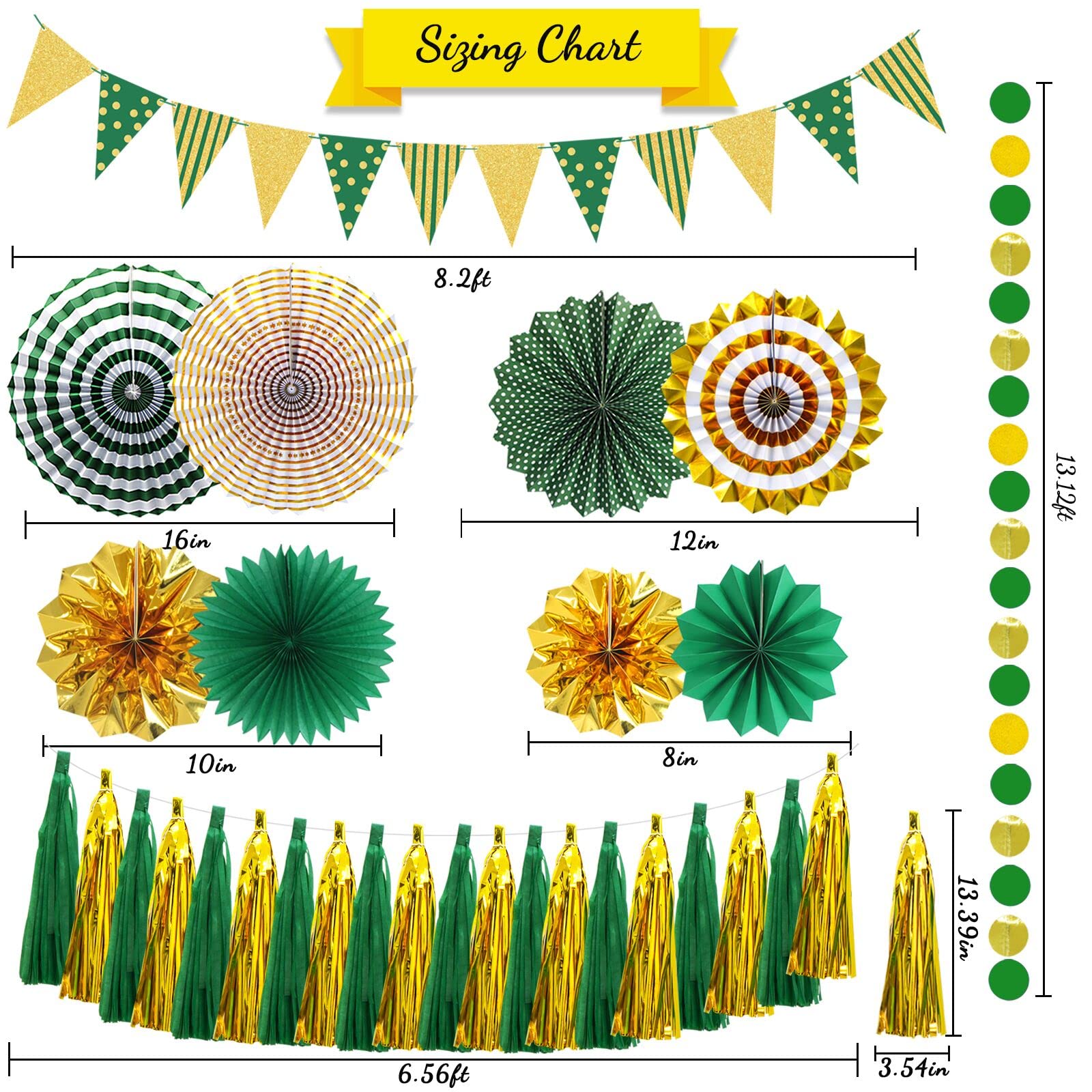 Paper Fans Party Decorations Glitter Paper Triangle Flag Pennant Banner Tassel Garland Circle Banners Party Supplies for Bachelorette, Birthday, Engagement Wedding, Baby Bridal Shower Green Gold