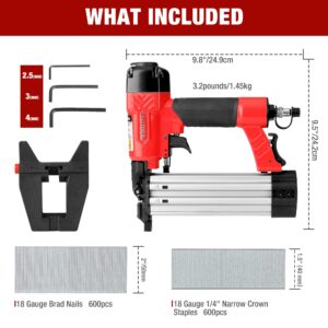 Arrow 4-in-1 Pneumatic 18 Gauge Flooring Stapler/Nailer, Oil-Free Mini 18 GA Pneumatic Flooring Staple Gun/Nail Gun with 1200 Pcs Staples/Nails, Adjustable Depth, for Upholstery, Flooring