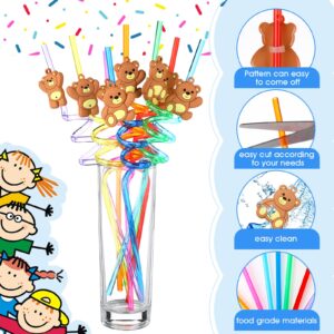 24 Pieces Bear Party Favor Bear Party Straws Reusable Bear Straws Kids Bear Drinking Straw for Bear Baby Shower Birthday Party Supplies with 2 Cleaning Brushes