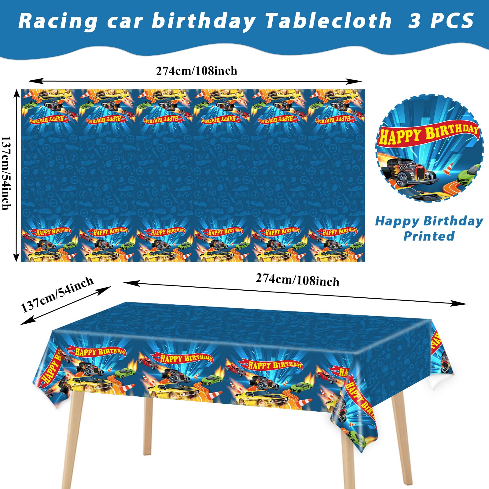 WIFUNUE 3Pieces Hot Car Themed Plastic Tablecloth Hot Race Car Birthday Party Plastic Table Covers for Kids Boys Racing Car Birthday Baby Shower Party Decorations Supplies 54X108inch