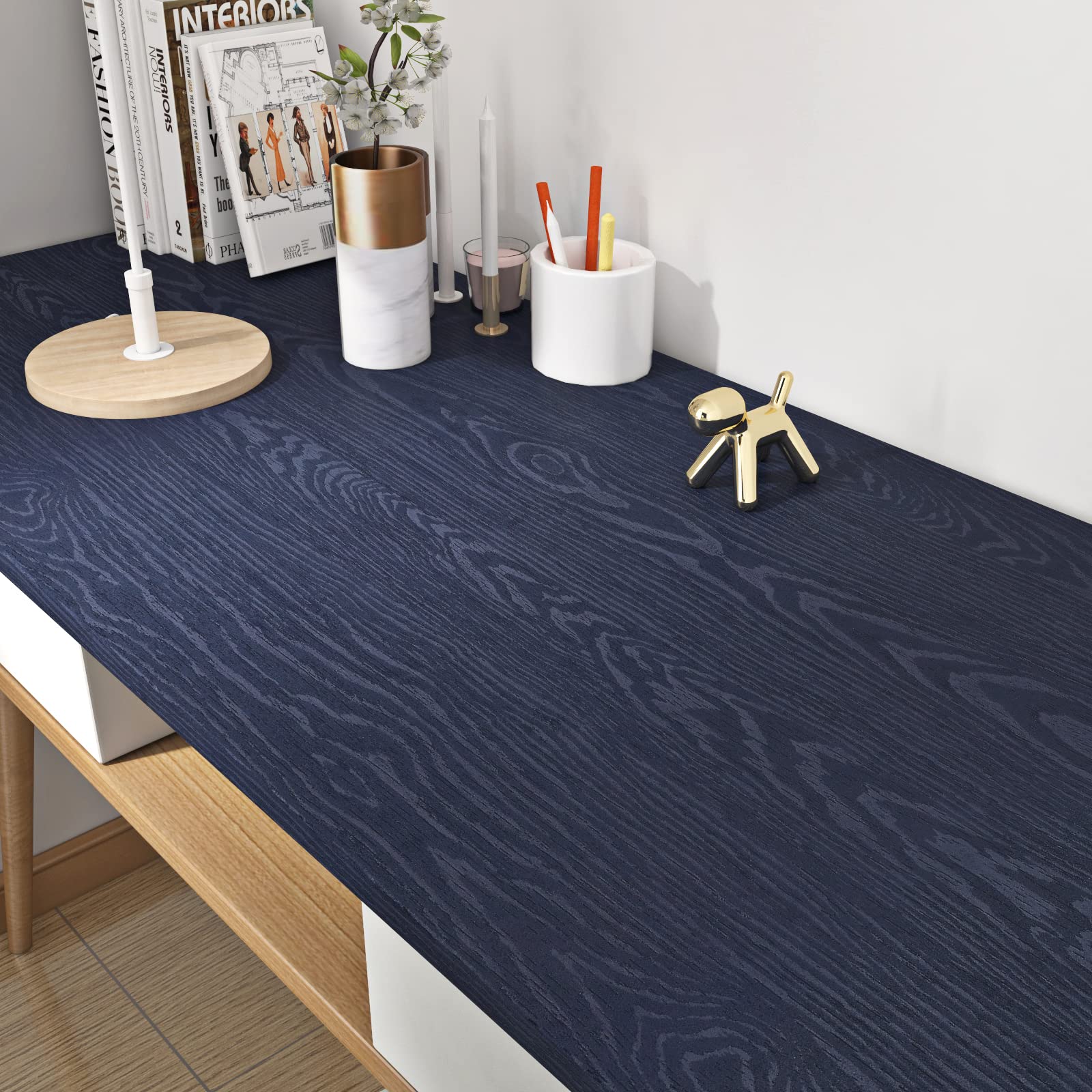 FunStick Navy Blue Stained Wood Contact Paper for Cabinets Peel and Stick Wood Wallpaper Waterproof Self Adhesive Wood Grain Contact Paper Removable Wood Wall Paper for Countertop Paper Desk 12"x200"