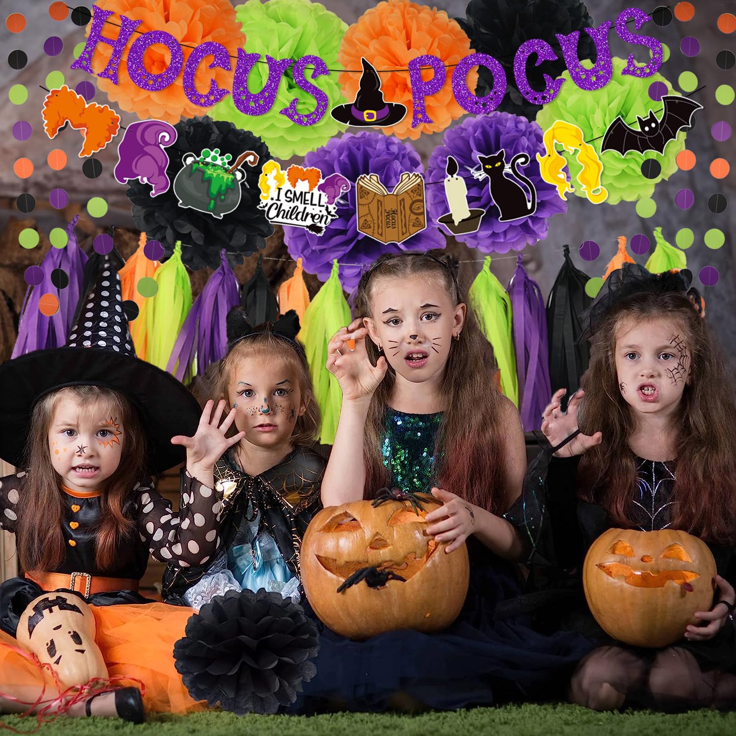 Halloween Party Decorations - Hocus Pocus Themed Trunk Or Treat Car Decorations Kit for SUV Hocus Pocus Spell Book Cat Witches Stisters Banner Orange Black Purple Green Tissue Paper Pom Pom