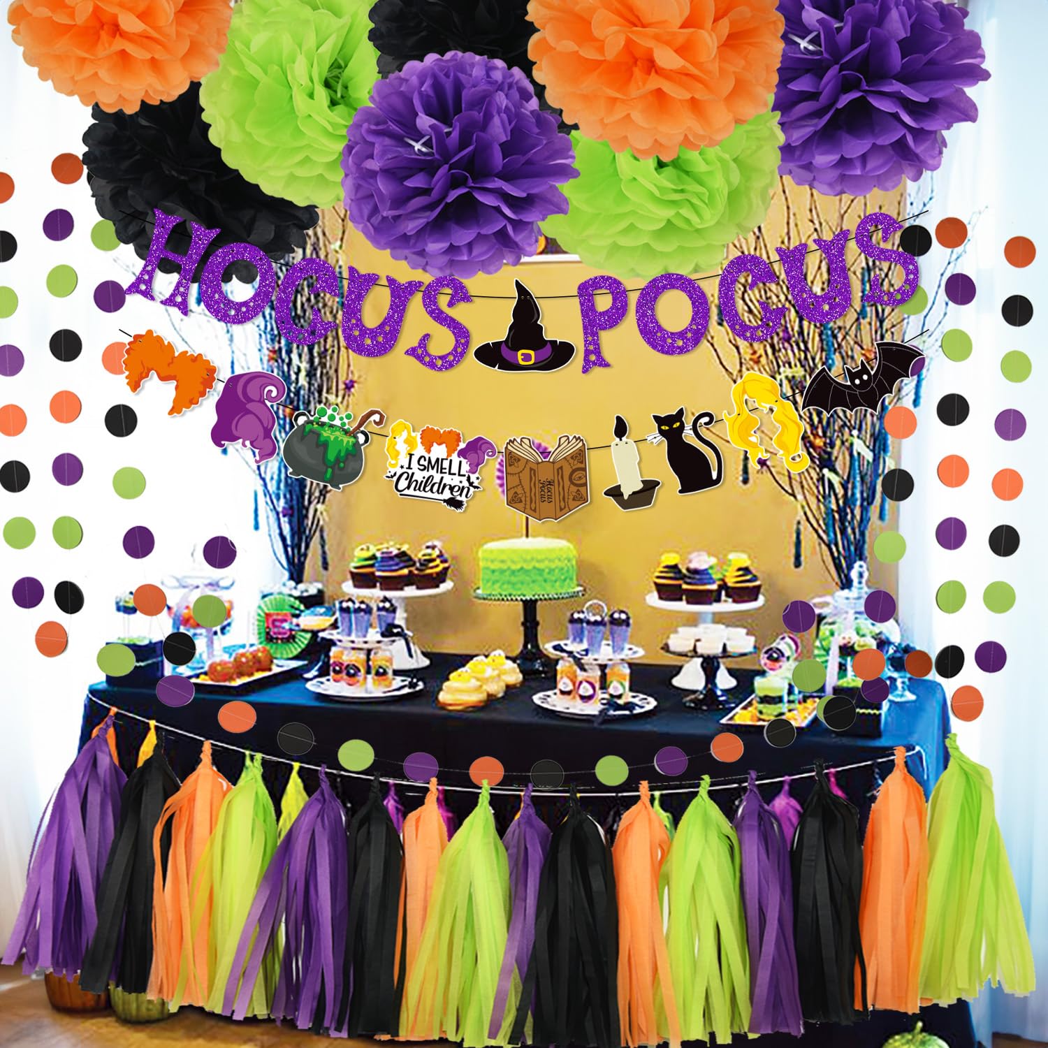 Halloween Party Decorations - Hocus Pocus Themed Trunk Or Treat Car Decorations Kit for SUV Hocus Pocus Spell Book Cat Witches Stisters Banner Orange Black Purple Green Tissue Paper Pom Pom