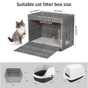 Cat Litter Box Enclosure with Soft Litter Mat; Hidden Washroom Furniture with Door; Handwoven Rattan Cat House with Large Space; Pet Crate for Living Room, Bedroom, Balcony (Grey)