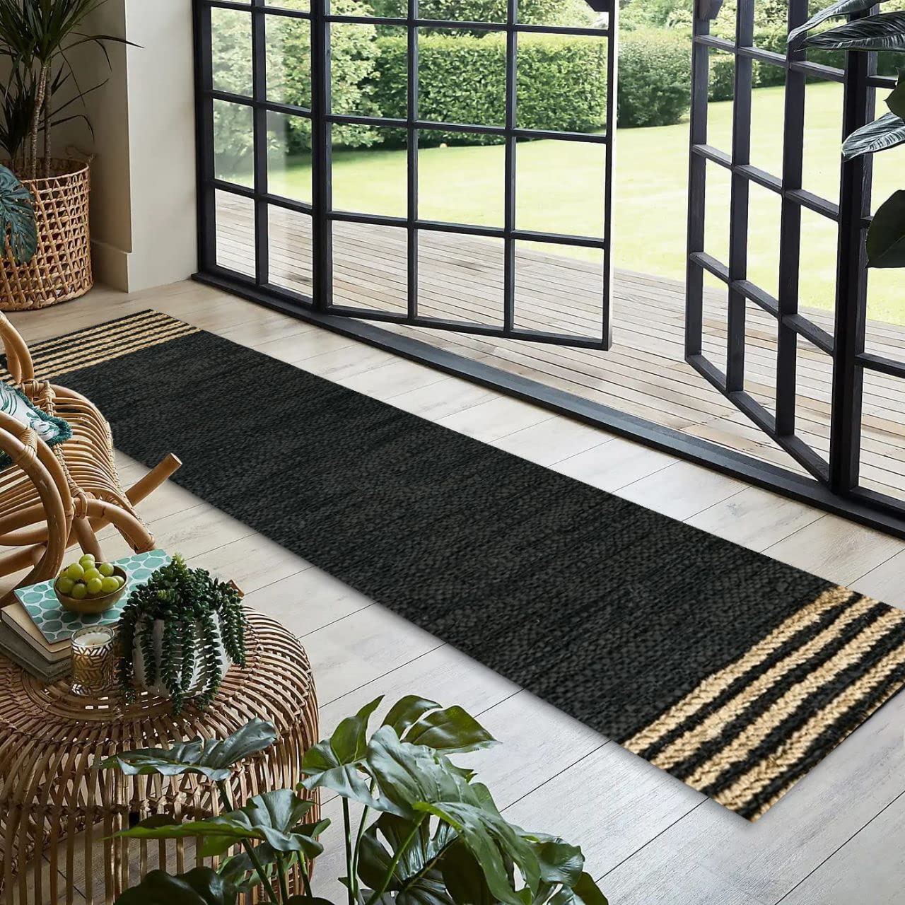 GRUHUM Jute Runner Rug 2'6"x 8' ft Natural Fibre Black Rectangular Jute Area Rug Leather Handwoven Boho Farmhouse Braided Rustic Vintage Eco Friendly Rug Kitchen Livingroom Bedroom Hallways Enterways