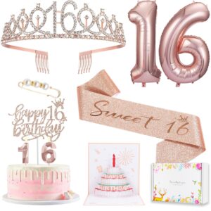 8pcs sweet 16 birthday decorations for girls, including 16th happy birthday cake toppers, birthday queen sash with pearl pin, sweet rhinestone tiara crown, number candles and balloons set, rose gold