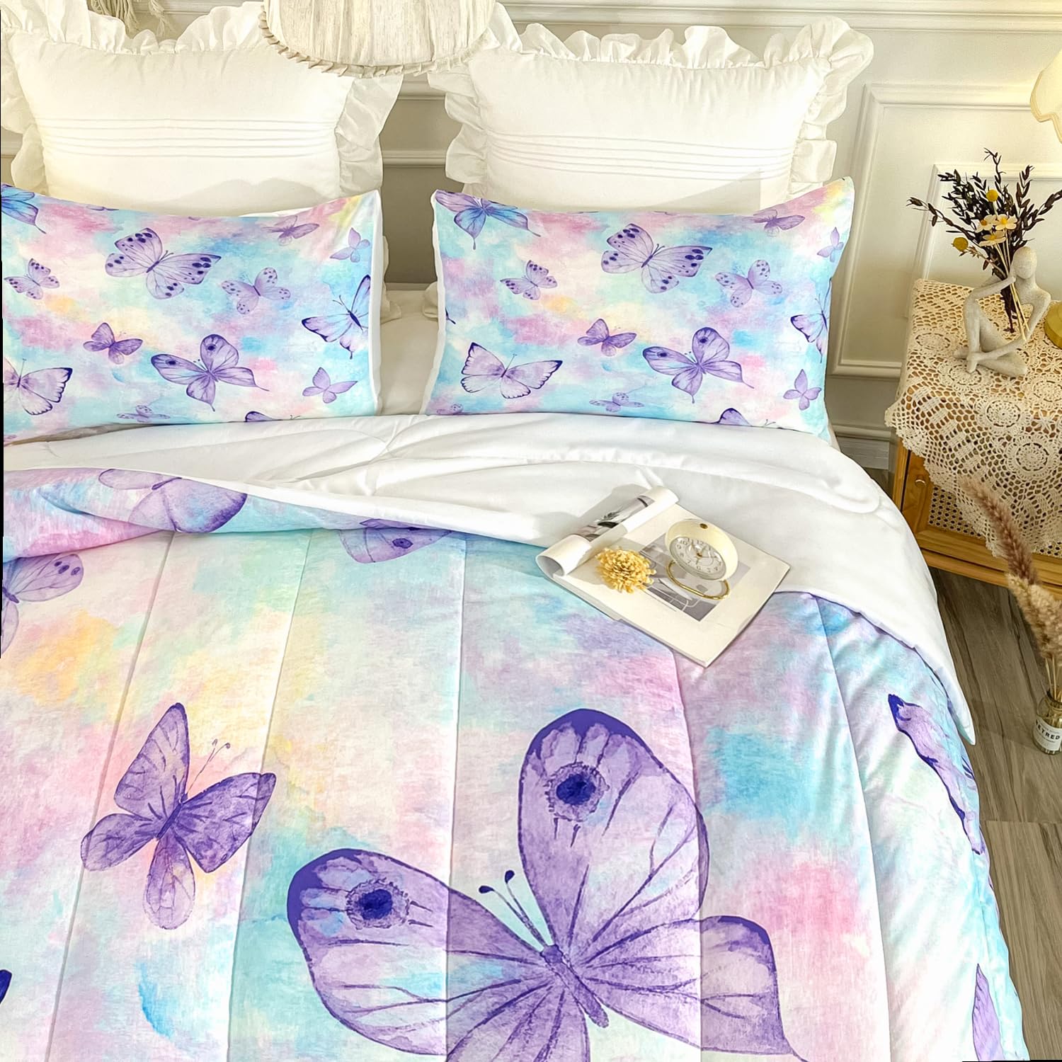 CVHOUSE Butterfly Twin Comforter Set for Girls Teens.Butterfly Twin Bedding Set,Butterflies Bedspread,Butterfly Duvet,Butterfly Bed Set,Butterflies Quilt Set 3 Pcs 1 Comforter and 2 Pillowcases