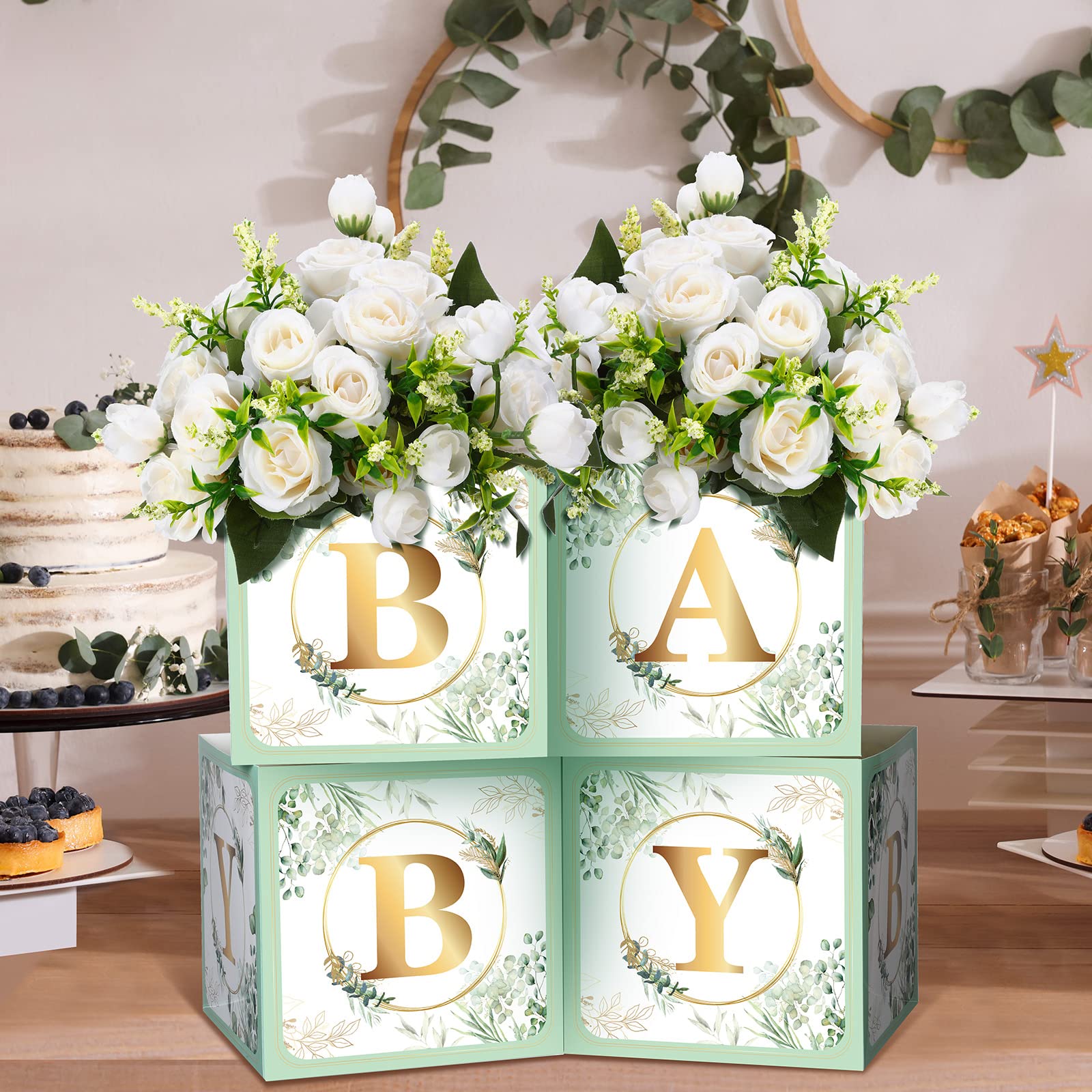 Bucherry 6 Pcs Baby Shower Party Decorations Baby Flower Boxes Centerpiece Rustic Table Display with Letters Gender Reveal Party Favor Block Holder(Green,Sage Green Leaf)