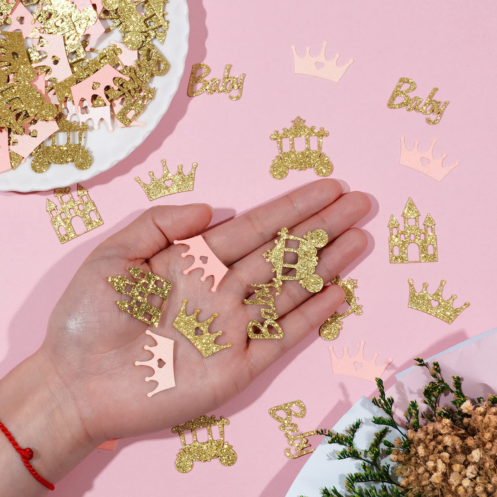 200pcs Princess Baby Shower Confetti - Pink and Gold Princess Baby Shower Decorations for Girl, Glitter Crown, Carriage, Castle Confetti, Baby Princess Table Scatter for Gender Reveal