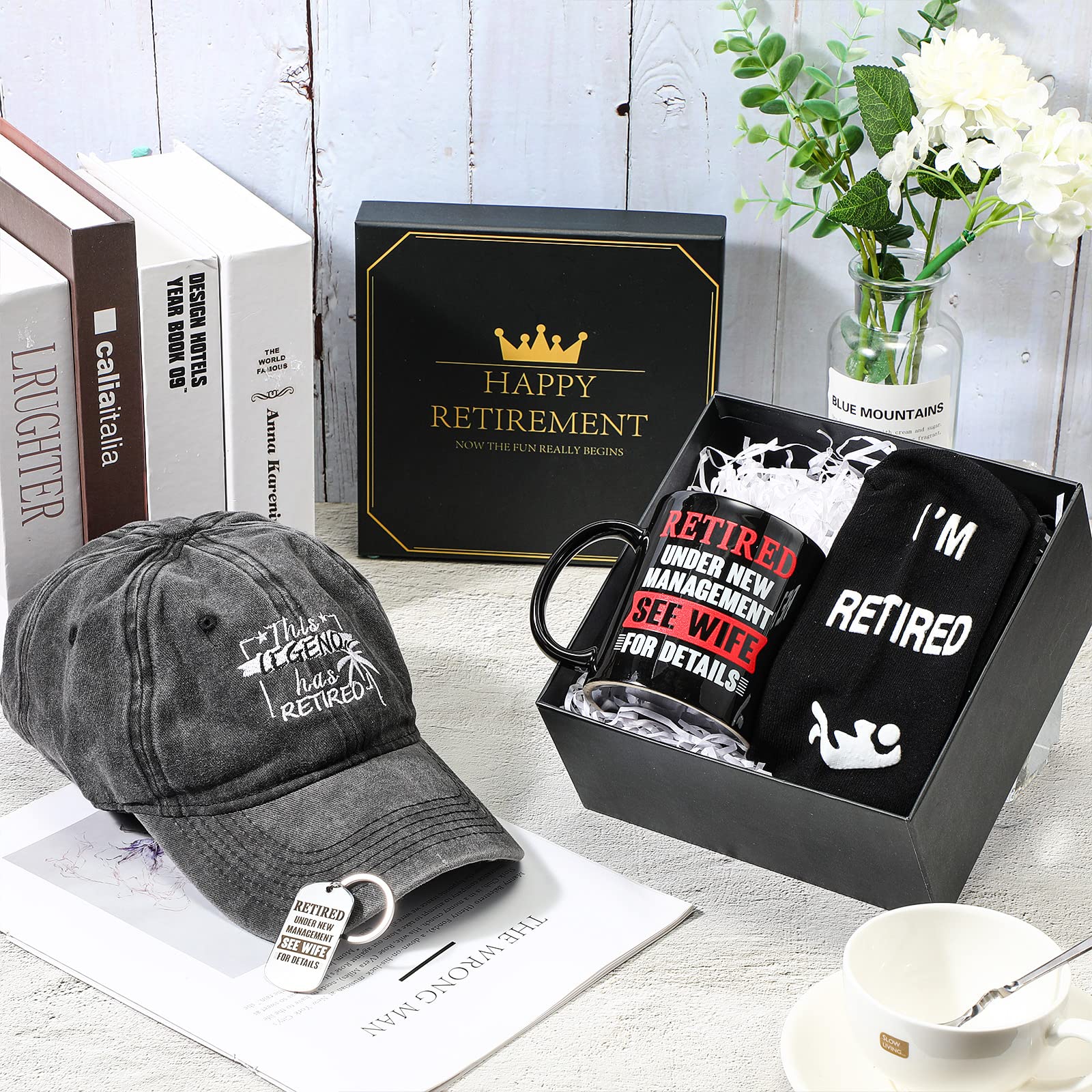 Sieral Retirement Gift Set for Men Funny Guys Retired Gifts Include Mug Baseball Cap Socks Keychain with Gift Box