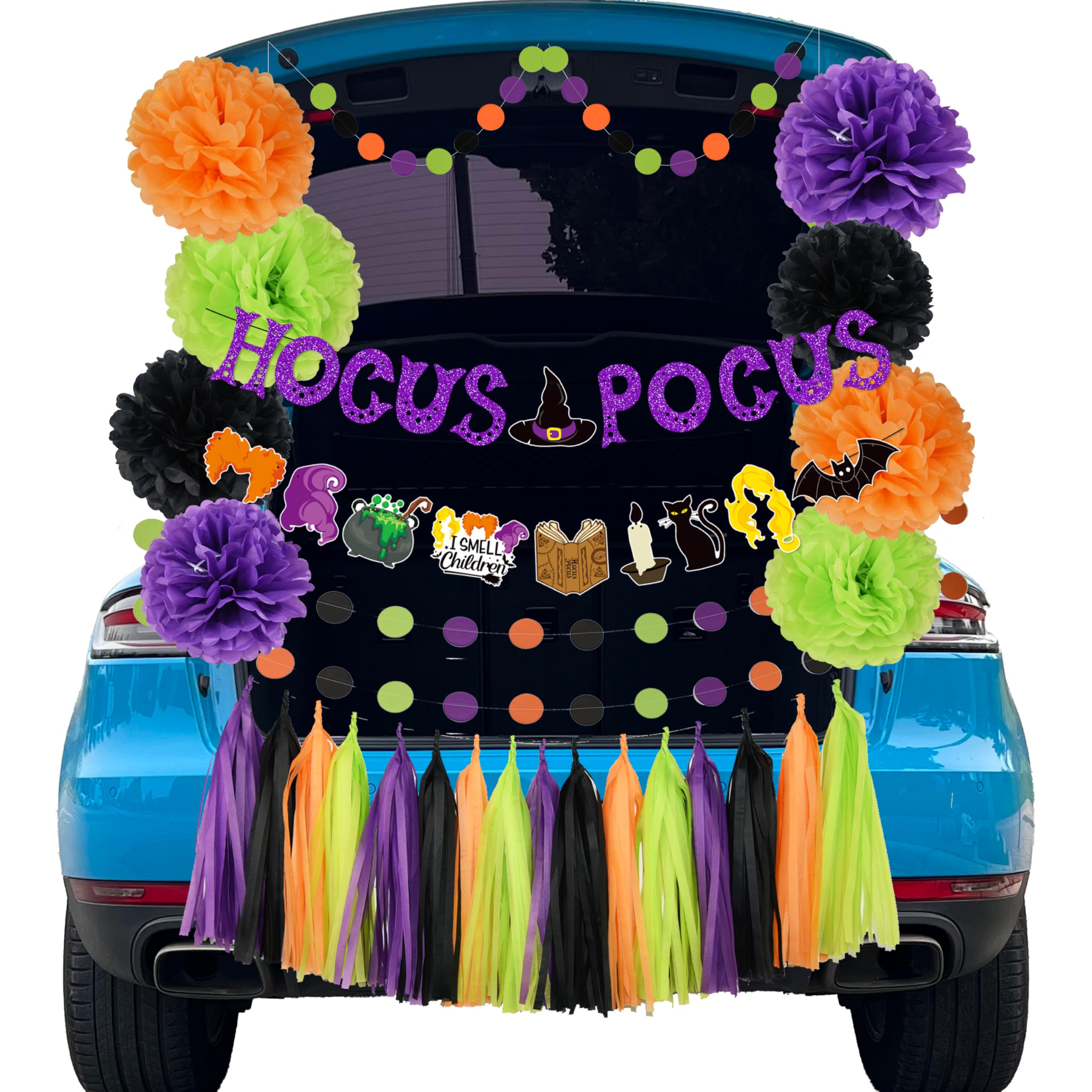 Halloween Party Decorations - Hocus Pocus Themed Trunk Or Treat Car Decorations Kit for SUV Hocus Pocus Spell Book Cat Witches Stisters Banner Orange Black Purple Green Tissue Paper Pom Pom