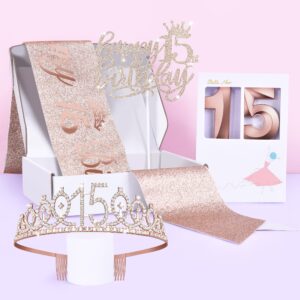 Bella Meri 15th Birthday Gifts for Girls, 15th Birthday Tiara Crown, Sash, Cake Toppers,Birthday Candles, 15 Birthday Decorations Women