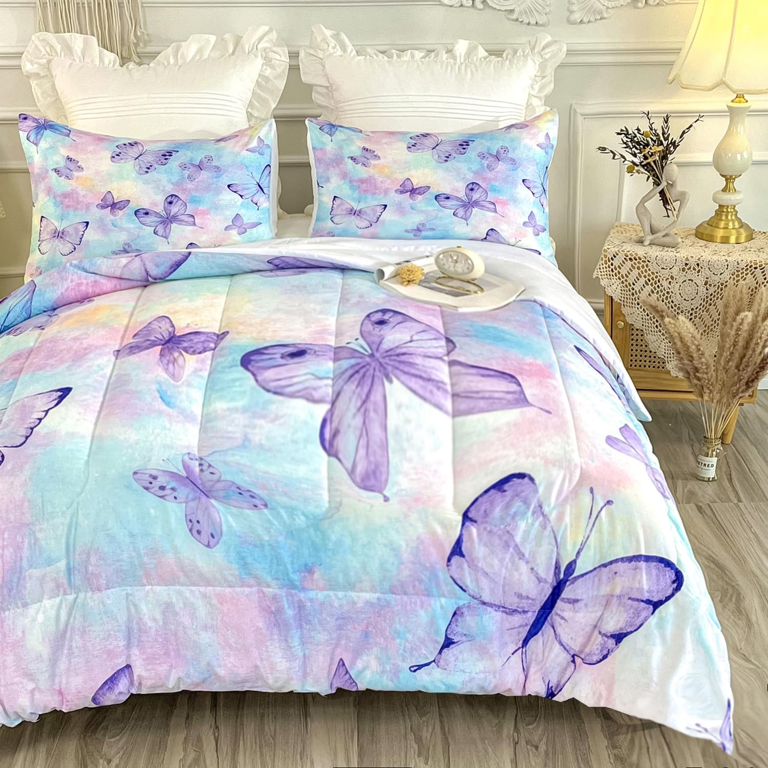 CVHOUSE Butterfly Twin Comforter Set for Girls Teens.Butterfly Twin Bedding Set,Butterflies Bedspread,Butterfly Duvet,Butterfly Bed Set,Butterflies Quilt Set 3 Pcs 1 Comforter and 2 Pillowcases