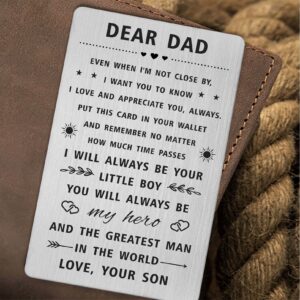 SOUSYOKYO Dad Christmas Card Gift from Son - Dear Dad Card from Son, Dad Birthday Gifts from Son, Cool Thank You Present for Dad from Son, Unique Dad is My Hero Stainless Steel Wallet Card