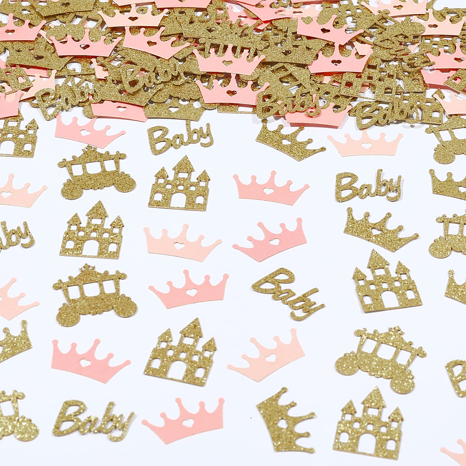 200pcs Princess Baby Shower Confetti - Pink and Gold Princess Baby Shower Decorations for Girl, Glitter Crown, Carriage, Castle Confetti, Baby Princess Table Scatter for Gender Reveal