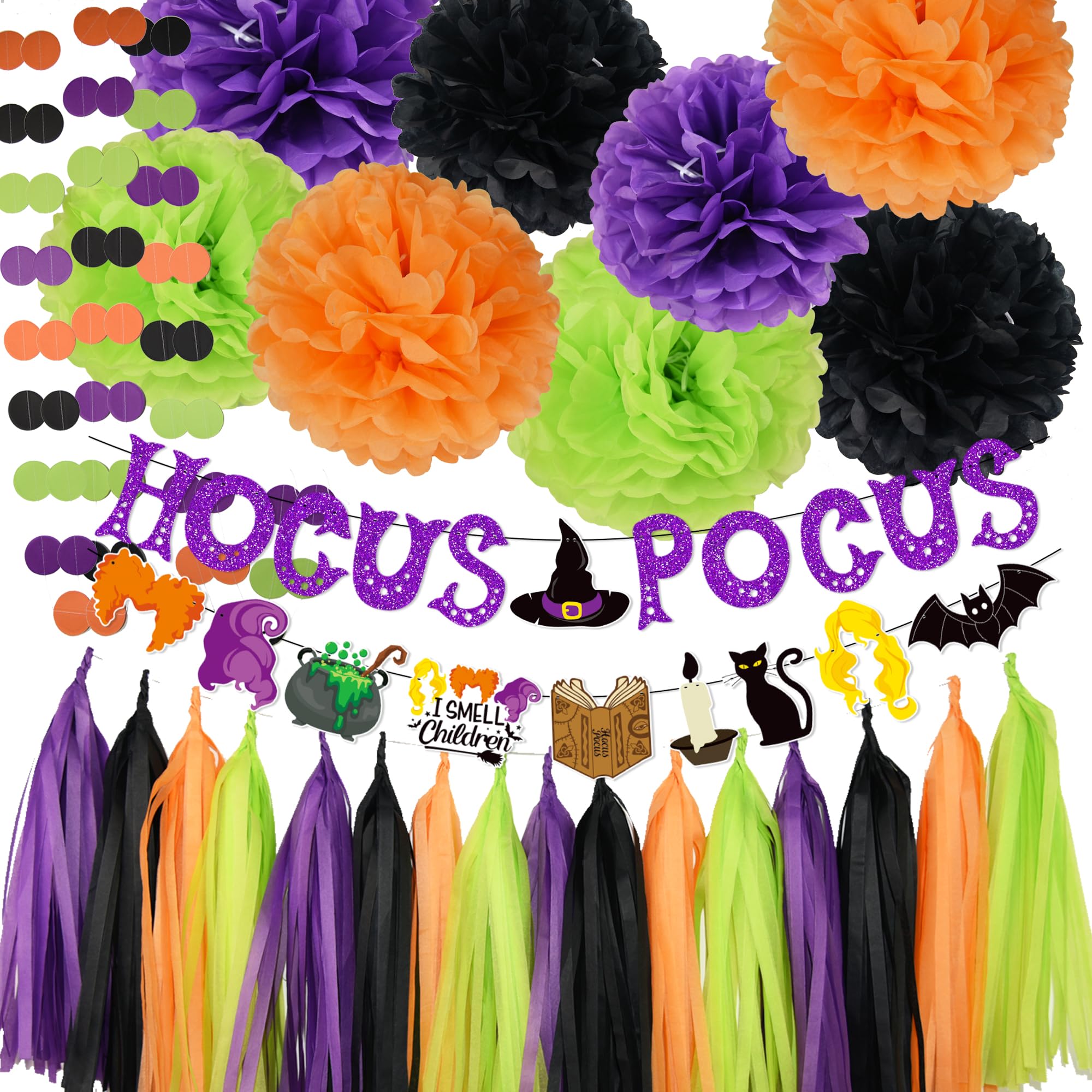 Halloween Party Decorations - Hocus Pocus Themed Trunk Or Treat Car Decorations Kit for SUV Hocus Pocus Spell Book Cat Witches Stisters Banner Orange Black Purple Green Tissue Paper Pom Pom