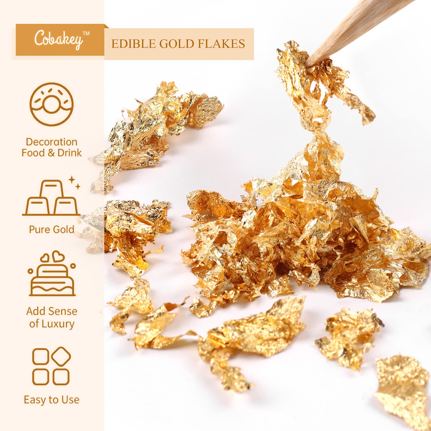 Cobakey Genuine Edible Gold Leaf Flakes - 50mg Edible Gold Flakes for Cake Decoration (Cupcake, Chocolate, Steak, Drink & Cooking), Gold Leaf with Edible Glitter & Wooden Tweezers