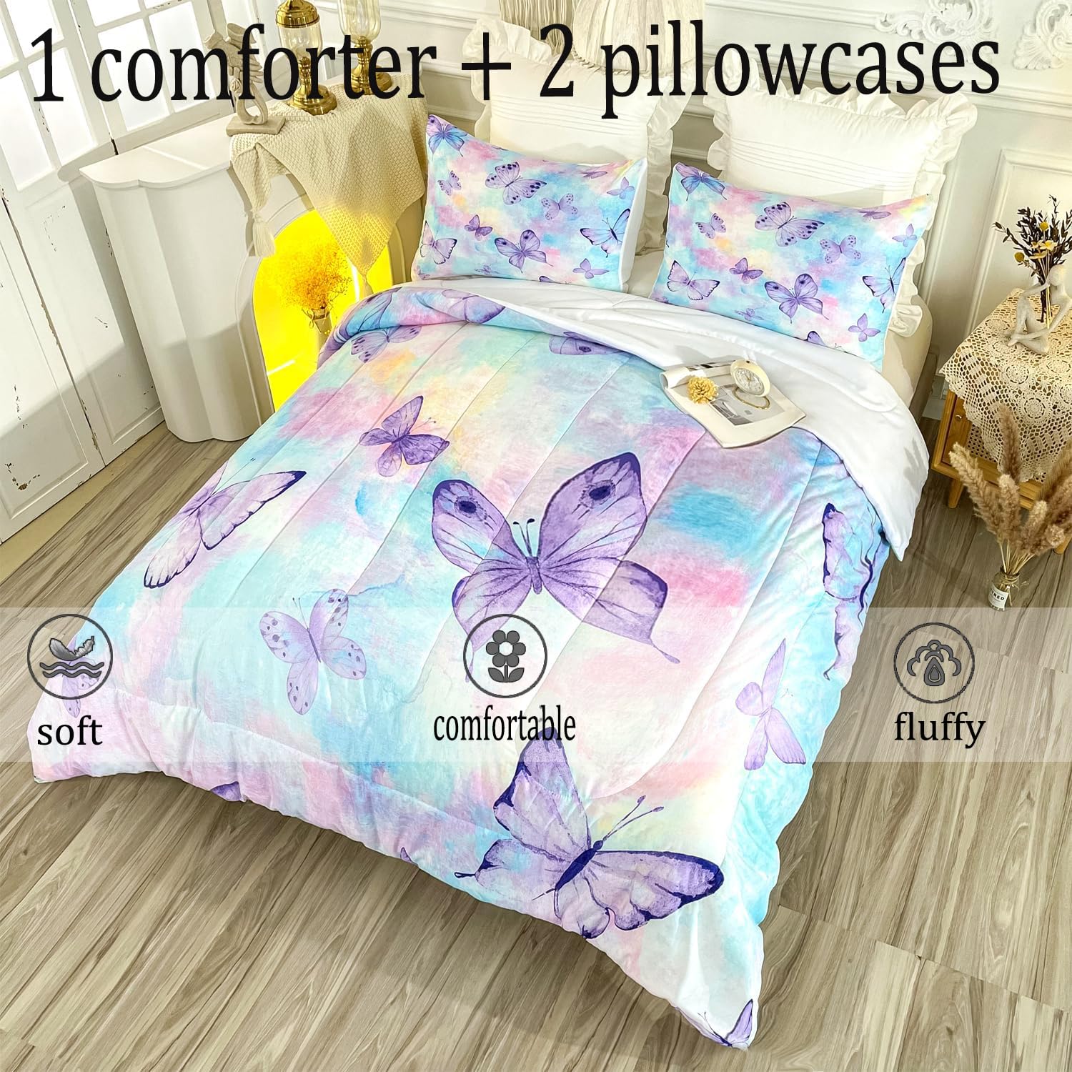 CVHOUSE Butterfly Twin Comforter Set for Girls Teens.Butterfly Twin Bedding Set,Butterflies Bedspread,Butterfly Duvet,Butterfly Bed Set,Butterflies Quilt Set 3 Pcs 1 Comforter and 2 Pillowcases