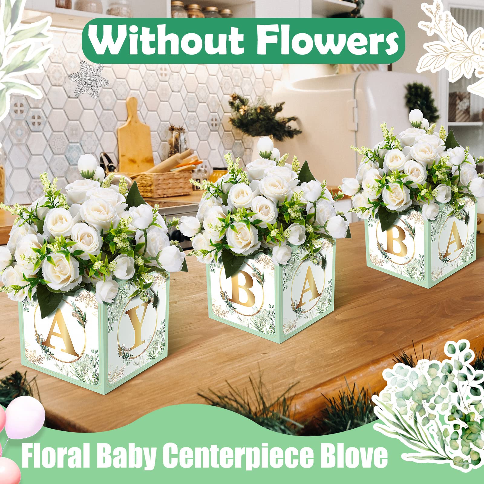 Bucherry 6 Pcs Baby Shower Party Decorations Baby Flower Boxes Centerpiece Rustic Table Display with Letters Gender Reveal Party Favor Block Holder(Green,Sage Green Leaf)